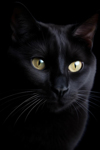 Black cat with yellow eyes on a black background