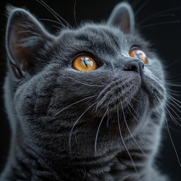 a black cat with yellow eyes and a black background