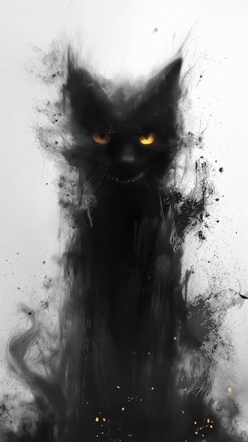 Black cat with yellow eyes and a black tail