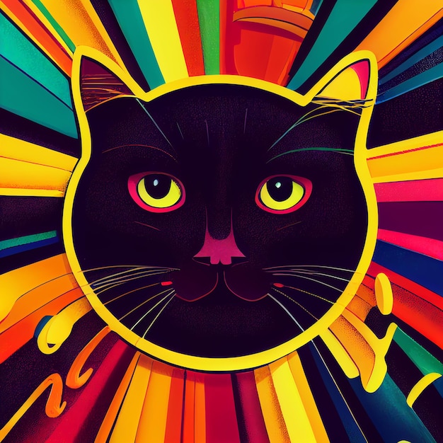 Photo a black cat with yellow eyes and a colorful background