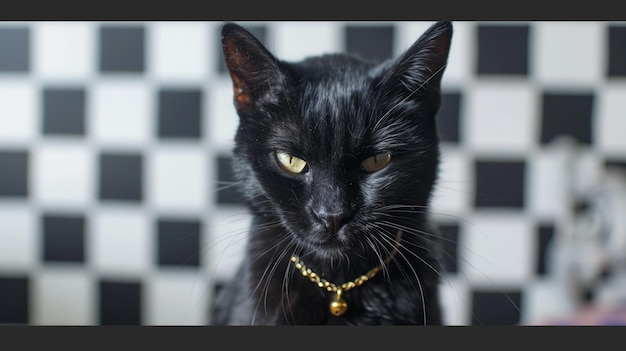 a black cat with yellow eyes and a gold tag on its collar