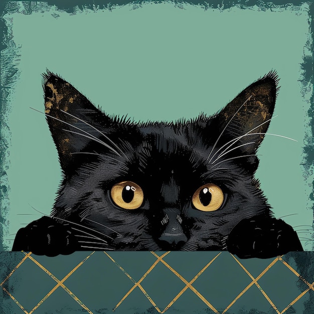 a black cat with yellow eyes is behind a fence