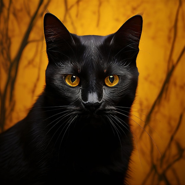 a black cat with yellow eyes is looking at the camera