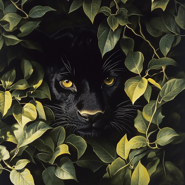 Photo a black cat with yellow eyes is peeking out of a green plant