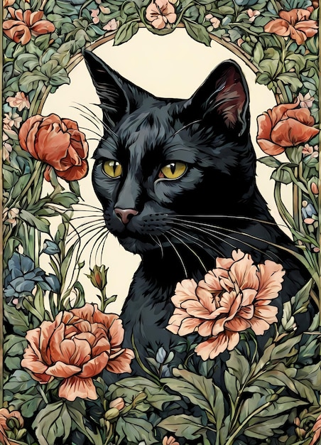 Photo a black cat with yellow eyes is standing in a floral pattern