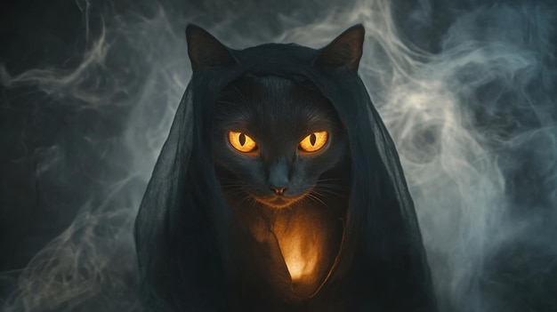 Photo a black cat with yellow eyes is wearing a black cloak and holding a candle