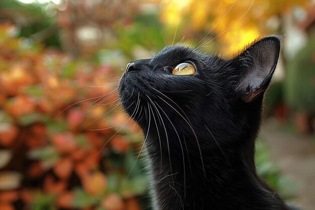 Photo a black cat with yellow eyes looking up to the left