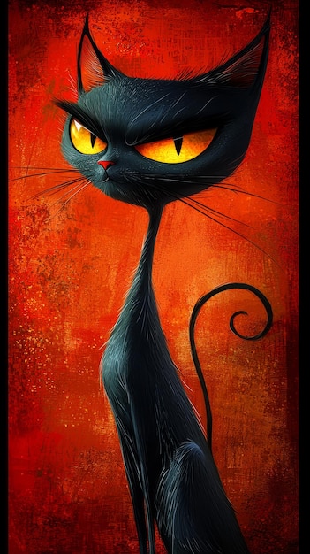 Photo black cat with yellow eyes on a red background