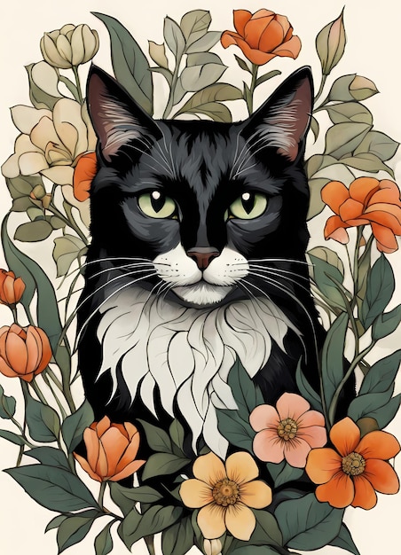 Photo a black cat with yellow eyes sits in a floral pattern