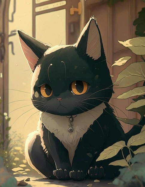 A black cat with yellow eyes sits in front of a house.