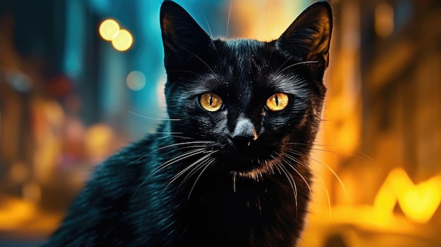 A black cat with yellow eyes sits in front of a lit up street light.