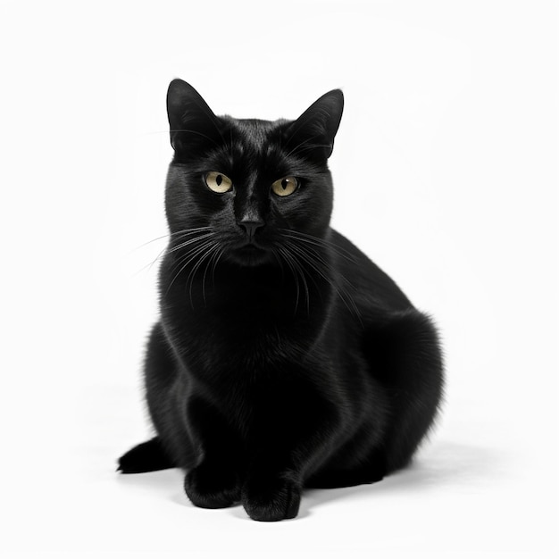 A black cat with yellow eyes sits on a white background.