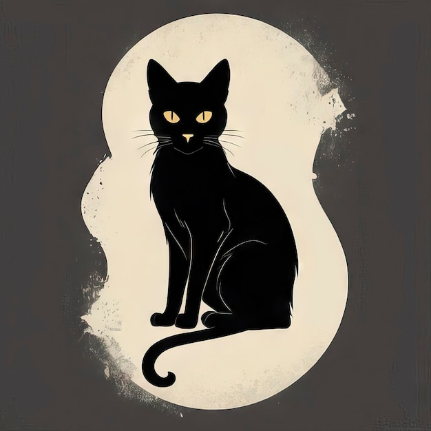 a black cat with yellow eyes sitting on a gray background