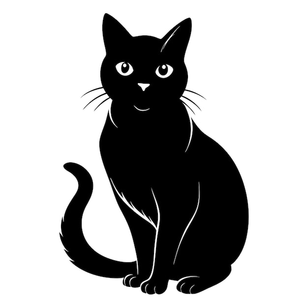 a black cat with yellow eyes sitting on a white background