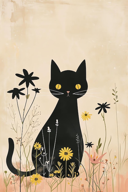 a black cat with yellow eyes stands in a field of flowers