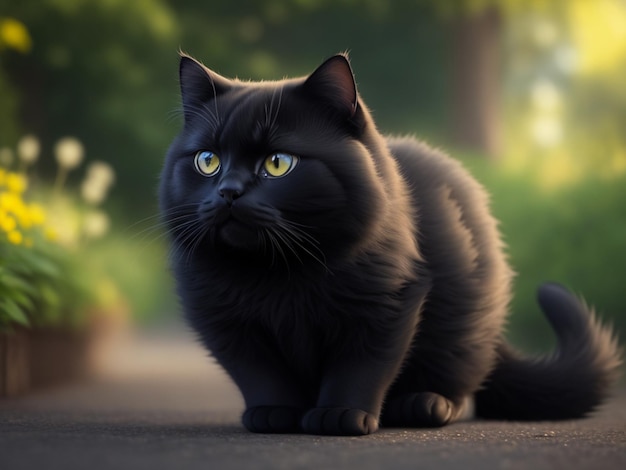 A black cat with yellow eyes stands on a road.