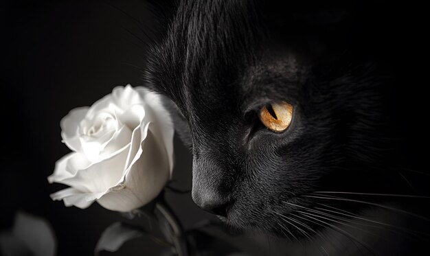 Photo a black cat with yellow eyes and a white rose