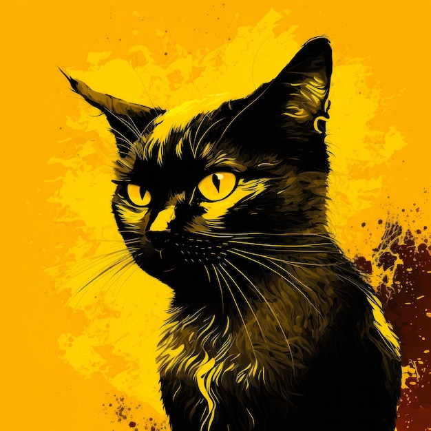 Black cat with yellow eyes on yellow background Generative AI