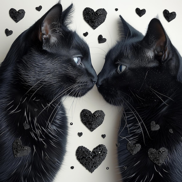 Photo black cats in love with black hearts