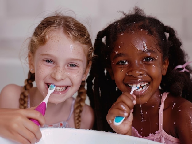 Black and Caucasian Girls Brushing Their Teeth Together in a Bright Bathroom Smiling Joyfully at Morning Routine