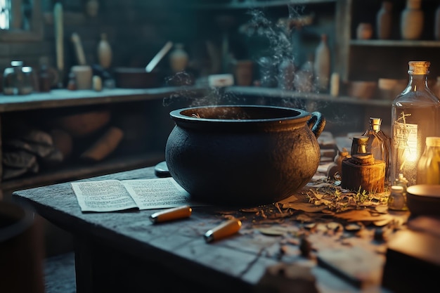 A black cauldron sits on a table with various bottles and vials of potions