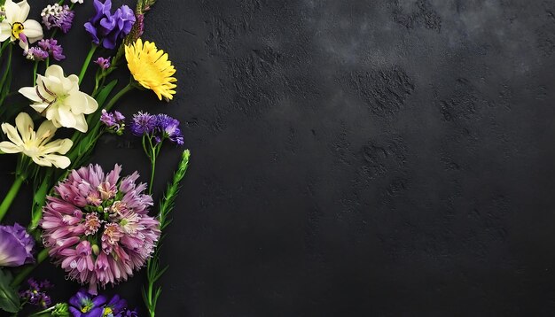 Photo black cement background with various beautiful flowers wallpaper