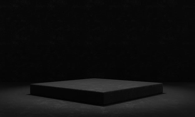 Black cement and concrete stage podium with spotlight and dark grunge wall background