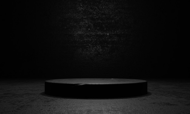 Black cement and concrete stage podium with spotlight and dark grunged wall background