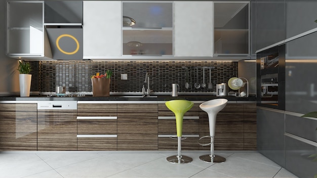 Black ceramic and wooden furniture under light modern kitchen 3d design