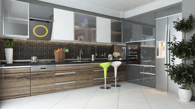 Black ceramic and wooden furniture under light modern kitchen 3d design