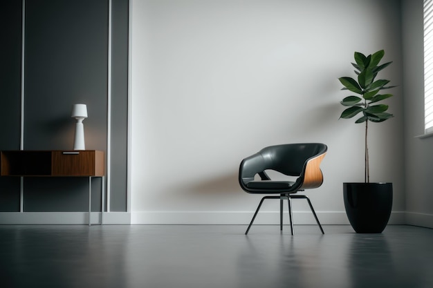 A black chair in a living room with a plant next to it.