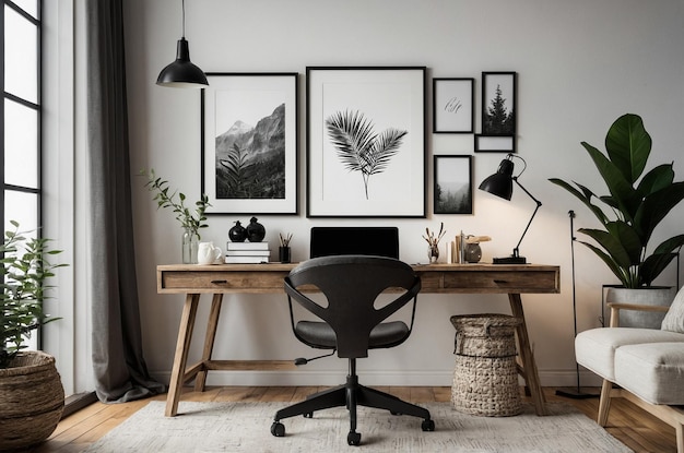 a black chair sits in front of a desk with a picture of a bird on it