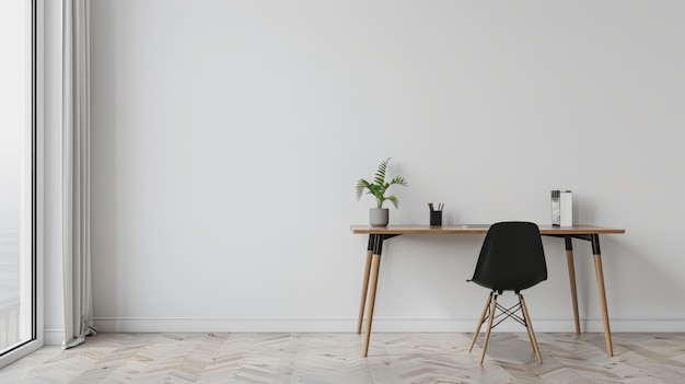 A black chair sits in front of a wooden desk with a potted plant on it