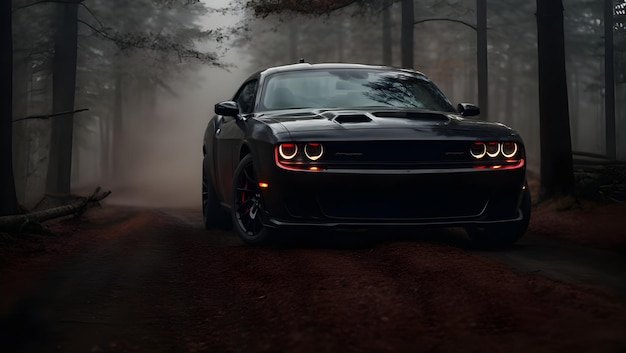 A black Challenger SRT Hellcat Redeye car with lots of steam in little dark