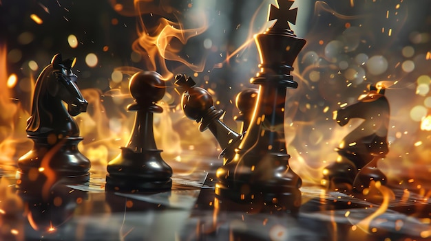 Black chess pieces are on fire on a chessboard The background is dark and there are flames coming from the chess pieces