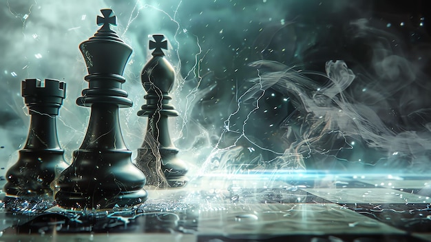 Black chess pieces on a chessboard with an explosion of light and dark energy