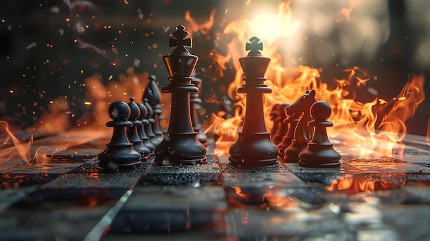 Black chess pieces on a chessboard with a fire in the background The concept of a game strategy competition or challenge