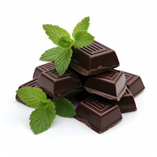 black chocolate with mint leaves on white background Generative AI