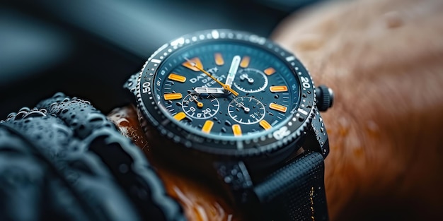 Black Chronograph Watch With Orange Accents