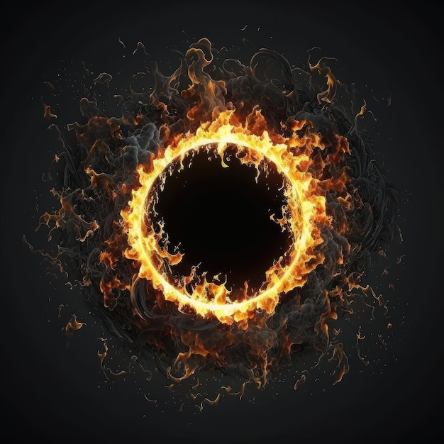 Black circle surrounded by fire Burning flame ring isolated on black background