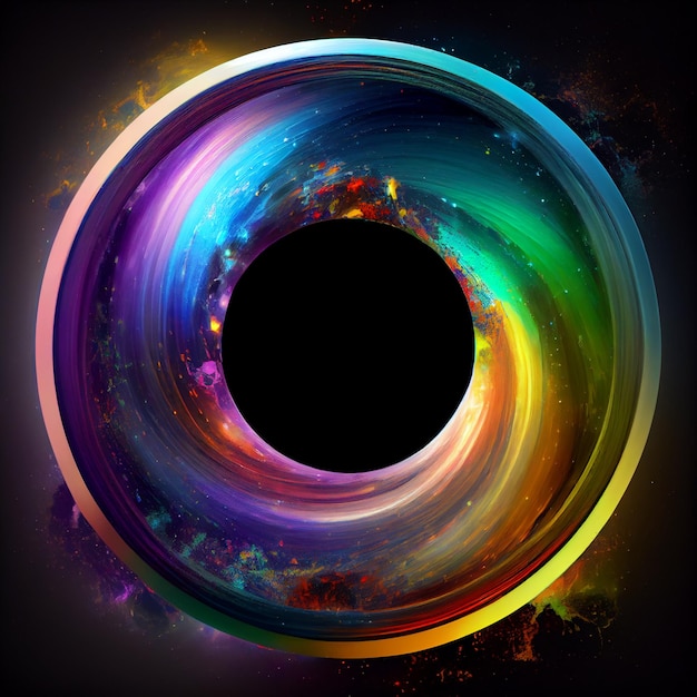 A black circle with a rainbow colored circle in the middle.