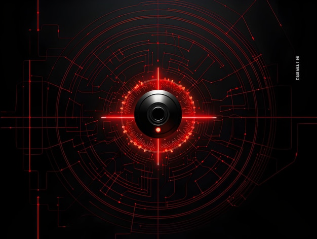 a black circle with a red and black background with a lens flare