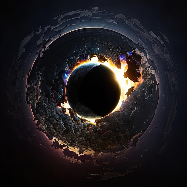 A black circle with a sun in the middle and a fire in the middle.