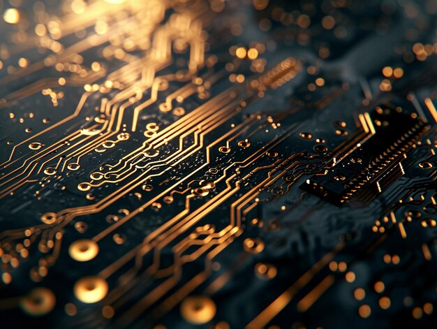 a black circuit board has gold and black circuitry on it