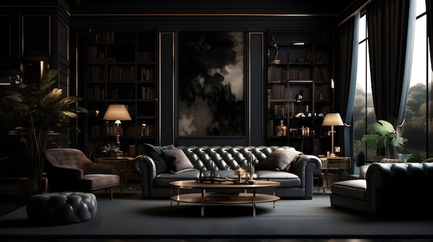 Black classic interior with sofa table carpet decor and moldings wall panel 3d illustration