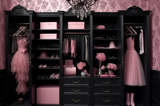 A black closet with a pink dress on the bottom.