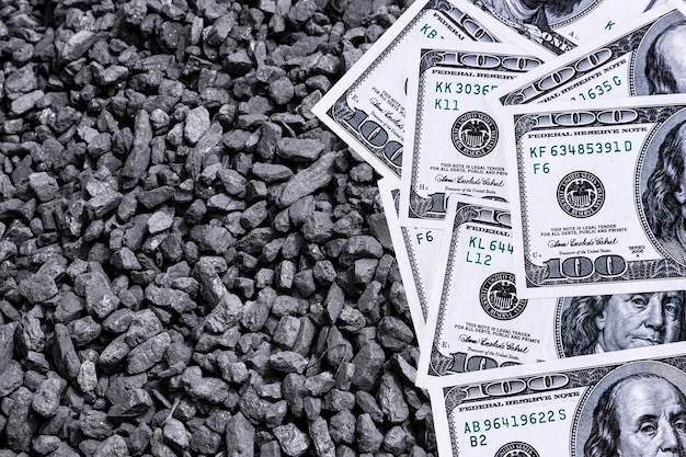 Black coal hard coal and paper US dollars Energy crisis Soft focus