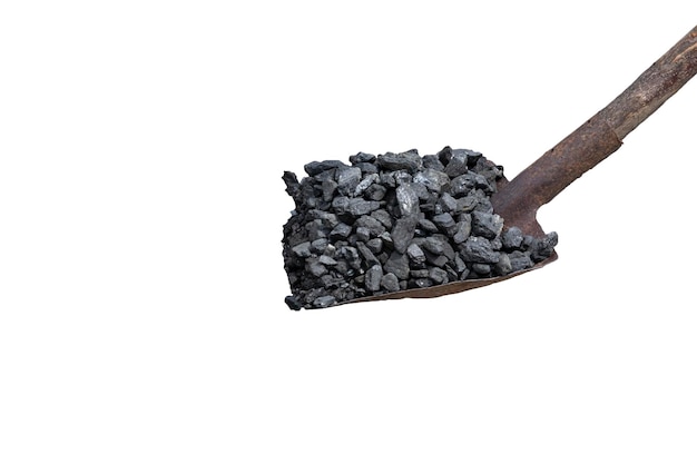 Black coal on a shovel on a white isolated background Energy crisis copy space