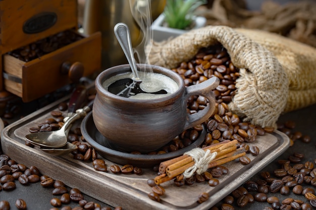 Black coffee beans on an old background