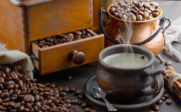 Black coffee beans on an old background